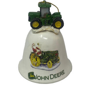 John Deere Christmas Ornament bell White With Green tractor On Top Santa